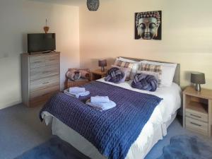 a bedroom with a bed with purple blankets and a television at Mountain View in Blaenau-Ffestiniog +3 photos