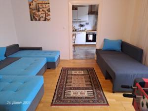 a living room with two blue couches and a rug at TheGarden Bed&Bike in Gmunden