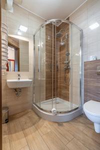 a bathroom with a shower and a toilet and a sink at Pensjonat Perła Pienin in Grywałd
