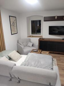 a living room with a couch and a tv at Apartament nad rzeką 2 in Kowary