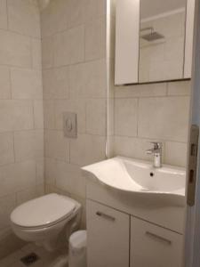 a white bathroom with a toilet and a sink at Beachfront villa Ioanna in Kokkari +13 photos