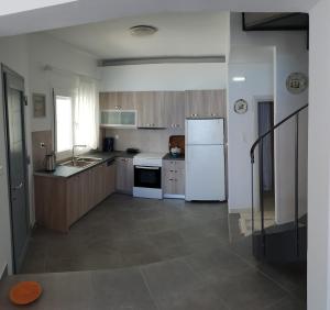 a kitchen with a white refrigerator and a sink at Beachfront villa Ioanna in Kokkari