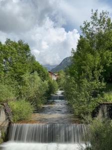 a waterfall in a river with trees and a mountain at Dolomiti Nest in Tesero