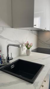 a kitchen counter with a sink and a vase of flowers at Dune Nest 233 - beautiful house near beach - up to 4 guests with garden, parking, WLAN in Bredene