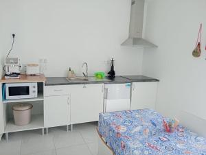 a kitchen with white cabinets and a sink and a microwave at Casa Coruja in Ponte da Barca