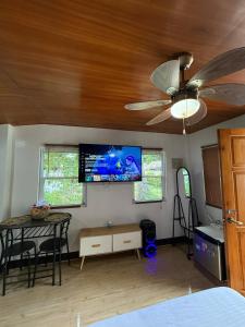 a bedroom with a ceiling fan and a tv on the wall at Villa with Beachfront Access in Lalauigan