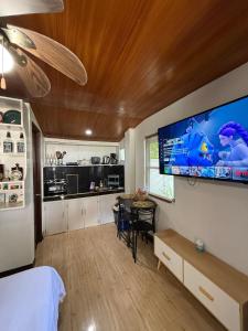 a bedroom with a large television on the wall at Villa with Beachfront Access in Lalauigan