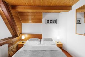 a bedroom with a large bed with wooden ceilings at Hotel BELLA in Prague