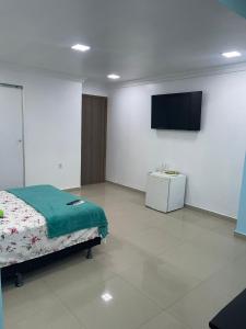 a bedroom with a bed and a flat screen tv at Quarto privado próximo ao centro 6 in Manaus