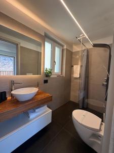 a bathroom with a sink and a toilet and a mirror at Graziosa, Casetta in Valgerola in Rasura +44 photos