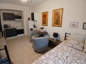 a bedroom with a bed and a table and a kitchen at Magdalena & Bambino apartments in Sarti