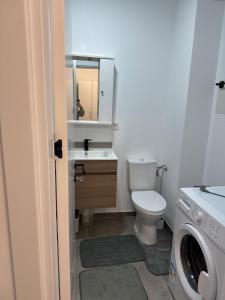 a bathroom with a toilet and a sink and a washing machine at Garsoniera mobilata si utilata in Chiajna