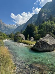 a river with a large rock in the middle at Graziosa, Casetta in Valgerola in Rasura