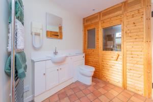 a bathroom with a toilet and a sink at Kwerky Cottage in North Lydbury +24 photos