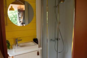 a bathroom with a sink and a shower with a mirror at Tiny house gite bucolique Brocéliande Hébergement insolite et centre bien être in Saint-Brieuc-de-Mauron