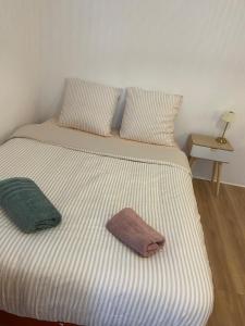 a bed with two pillows and a towel on it at Studio Cozy in Gençay