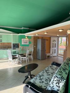 a room with a green ceiling and a table and chairs at Apartments Nikitenko Meljine in Meljine