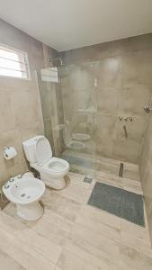 a bathroom with a toilet and a shower and a sink at Suite de Lujo Castañitas in Tafí del Valle +8 photos