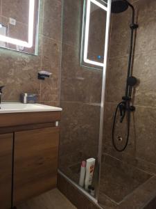 a bathroom with a shower and a sink at Illy Apartament in Gjakove +65 photos