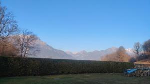 a hedge with a bench and mountains in the background at Casa Vallina - Garden & Mountain View in Castion
