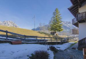 a snow covered yard with a fence and a tree at Un angolo di relax sulle Dolomiti ampezzane in Cortina dʼAmpezzo