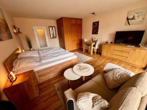a bedroom with a bed and a couch and a tv at Trafalgar Apartment 133 in Cuxhaven