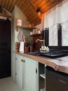 a kitchen with a counter top and a sink at Żuławska Zielona Przystań, całoroczny domek na kołach Sikorka in Izbiska