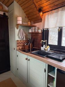 a kitchen with a sink and a counter at Żuławska Zielona Przystań, całoroczny domek na kołach Sikorka in Izbiska +28 photos