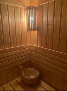 a room with a toilet in a wooden room at Apartmán #7 Mariánská Hora in Albrechtice v Jizerských horách +14 photos