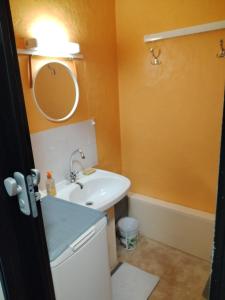 a bathroom with a sink and a mirror at Lo Cantalés d’Aubrac in Laguiole