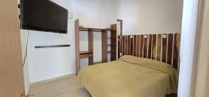 a bedroom with a bed and a flat screen tv at New, modern, amazing terrace in Taxco de Alarcón
