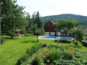 a yard with a swimming pool and a house at U Javoru in Albrechtice v Jizerských horách