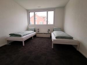 two beds in a room with a window at Apartment HIRSCHEN by Interhome in Gossau +7 photos