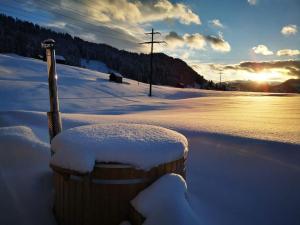 a barrel covered in snow on a snow covered field at Apartment Bädli by Interhome in Wildhaus