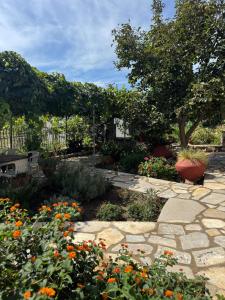 a garden with flowers and a stone pathway at Balas House in Theológos