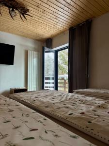a large bed in a room with a large window at Cabana Bradul Adelinei in Bucsin
