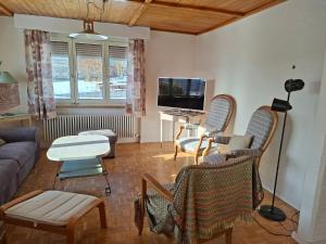 a living room with a couch and chairs and a tv at Villa panorama 1000 in La Chaux-de-Fonds