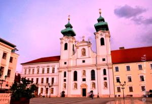 a large building with a church with two towers at Buda Panzió in Győr
