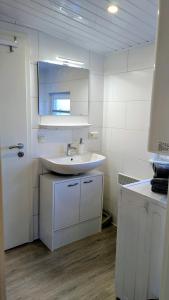 a white bathroom with a sink and a mirror at Ferienwohnung Dennis in Nordleda