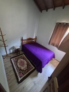 a bedroom with a purple bed and a rug at Recanto Mirim in Paraty