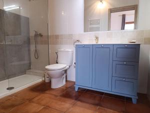 a bathroom with a blue cabinet and a toilet at Masía Can Janàs in Lliçà d'Amunt