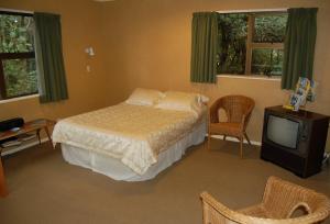 a bedroom with a bed and a television at Wheatly Downs Farmstay and Backpackers in Hawera