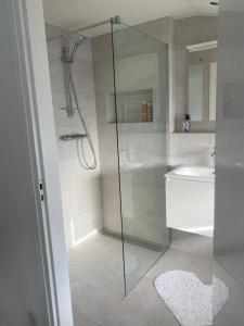 a bathroom with a glass shower with a toilet at De Keizersmantel in Son +10 photos