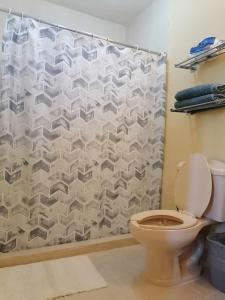 a bathroom with a toilet and a shower curtain at Beautiful condo a few steps to sea in Cancún +26 photos