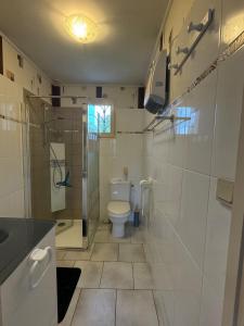 a bathroom with a toilet and a glass shower at L'Ains'tant présent in Sirod +19 photos