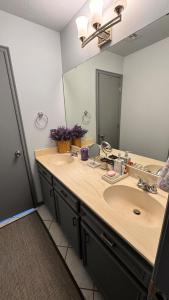a bathroom with two sinks and a large mirror at Andrei's nest in Oklahoma City