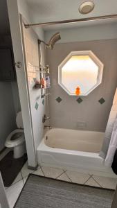 a bathroom with a tub and a toilet and a window at Andrei's nest in Oklahoma City