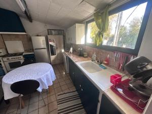 a small kitchen with a sink and a refrigerator at Petit studio cosy in Cersay +6 photos