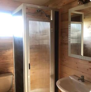 a bathroom with a shower and a sink and a mirror at Cabaña tree in Boca Pupuya +10 photos