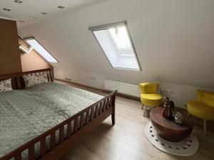a bedroom with a bed and two skylights at Lieblingsplatz Appartement in Seelitz +14 photos